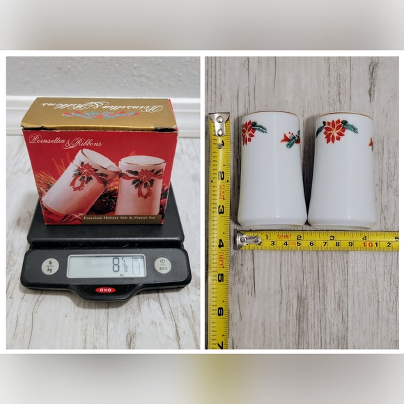 Poinsettia & Ribbons Salt & Pepper Porcelain Shaker Set 3.5" Tall VTG Christmas - Picture 3 of 16